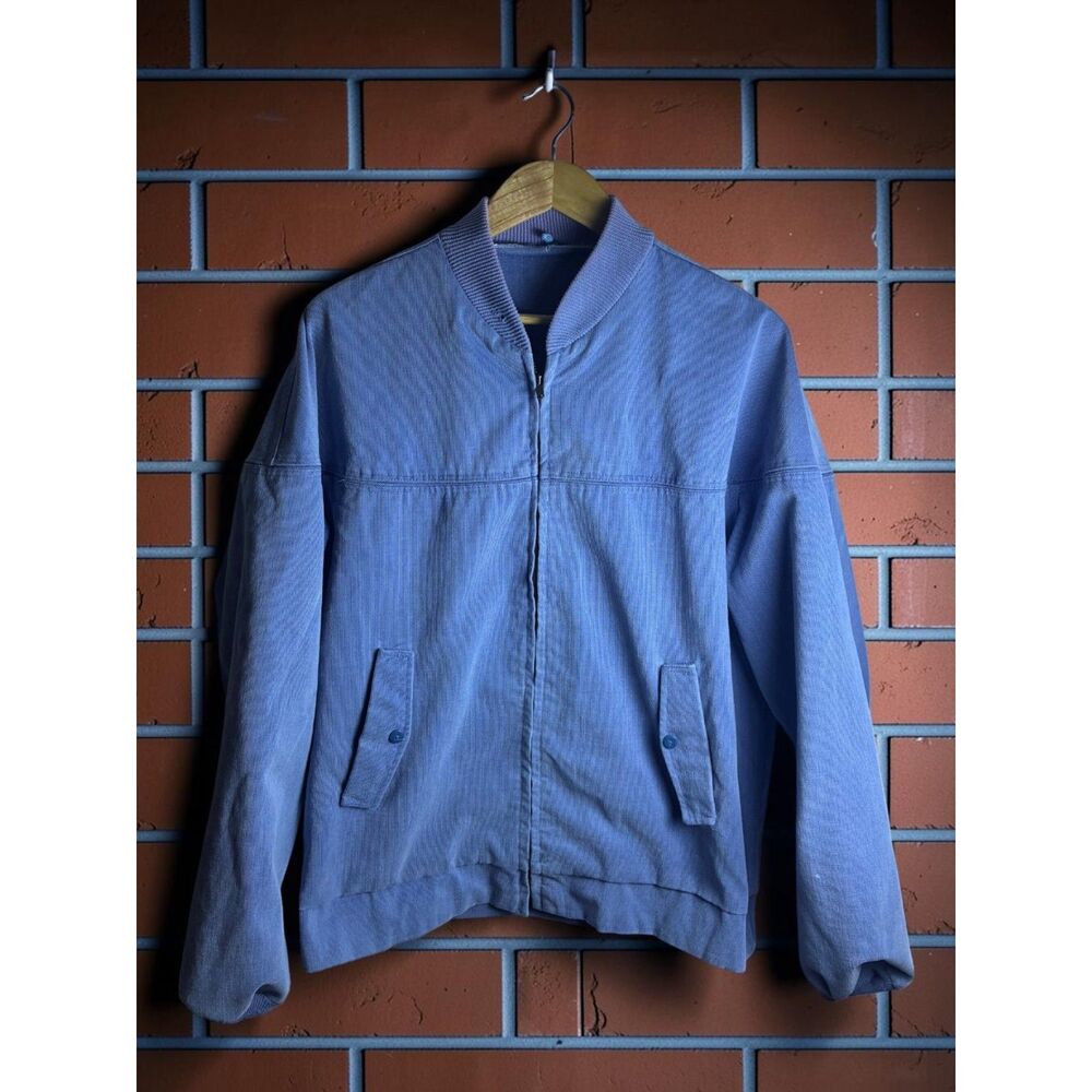 Vintage Blue Zip Bomber Jacket Rib Knit Full Zip Workwear Fits Large XL